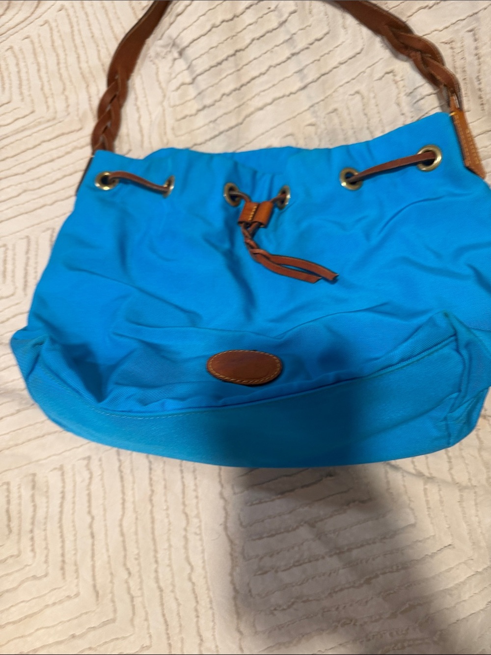 Dooney & Bourke Bright Blue Drawstring Shoulder Bag with Brown Trim
